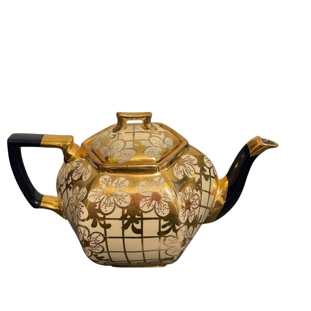 Vintage Authur Wood English Pottery Hexagonal Teapot Gold Blue - Picture 3 of 5